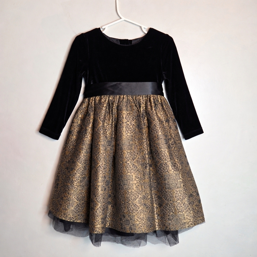 Talbots Kids Silk Dress Size 3 Black Velvet Gold Brocade